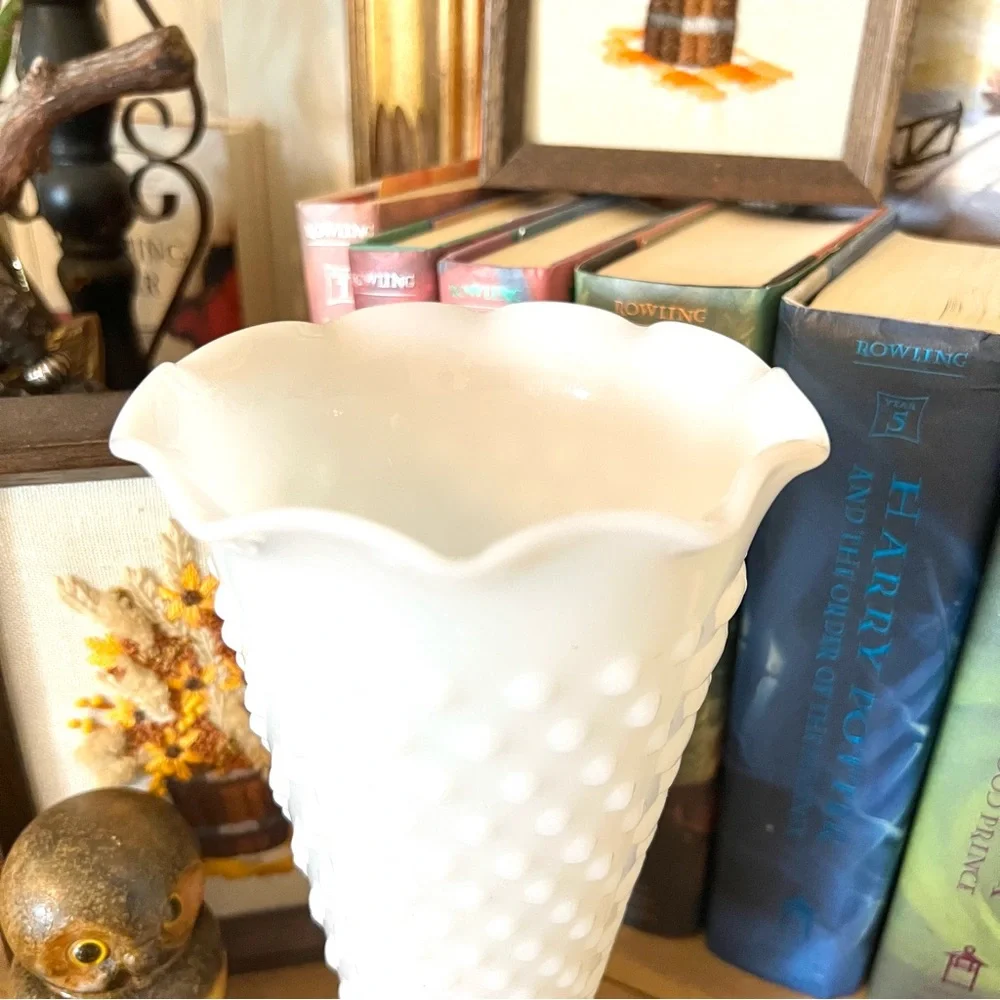 Vintage Fire King Dots and Dash 9” Tall Milkglass Vase- Mid Century Mod